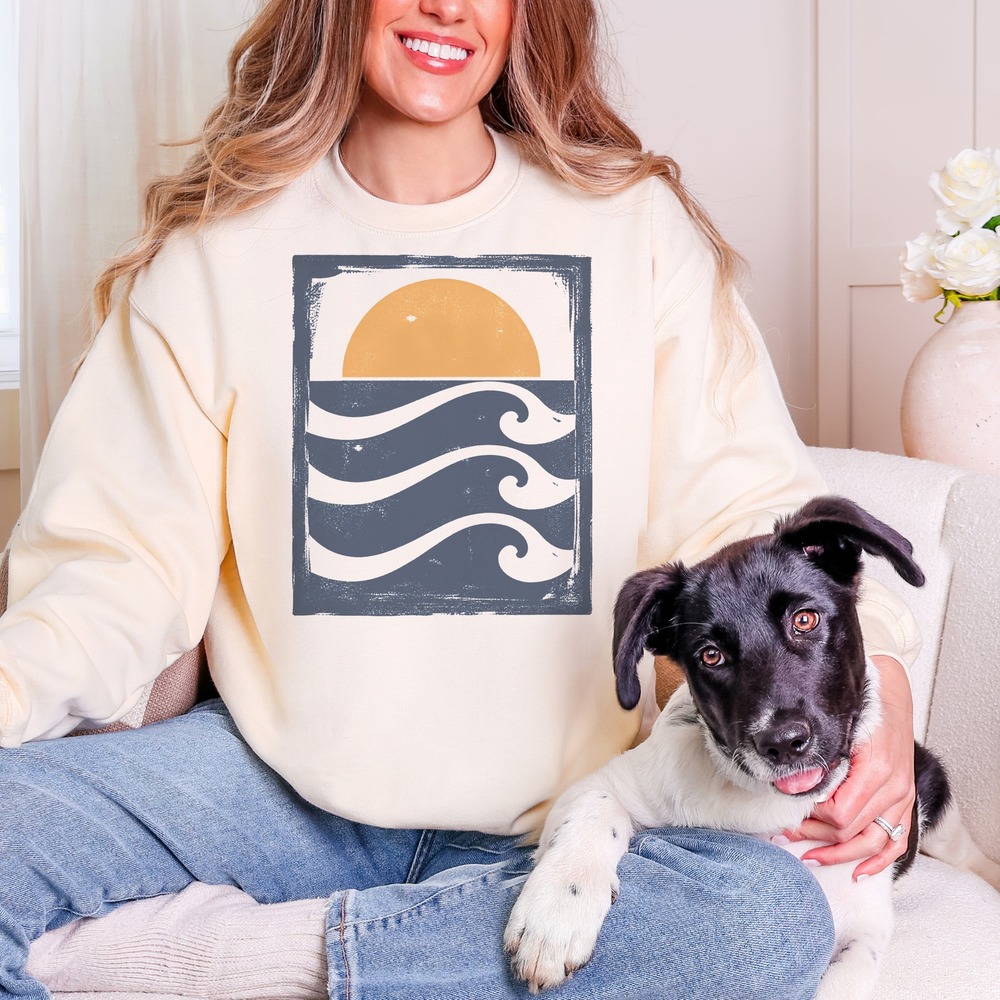 Rising Sun Over Spiral Waves Stamped Border Sweatshirt